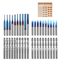40pcs End Mills CNC Router Bits with Milling Bit Storage Tray, 1/8" Shank CNC Cutter Milling Carving Bit Set Including 2-Flute Flat Nose & Ball Nose, V-Bit with Nano Blue Coating Bits